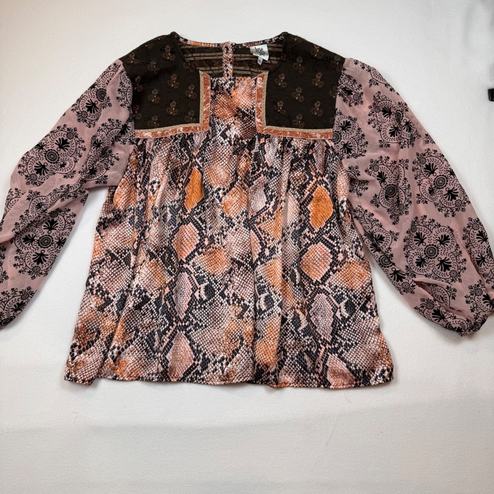 Ivy Jane Womens Mixed Media Snakeskin Floral Blouse XL Pink Brown Boho 630175 - Picture 2 of 9